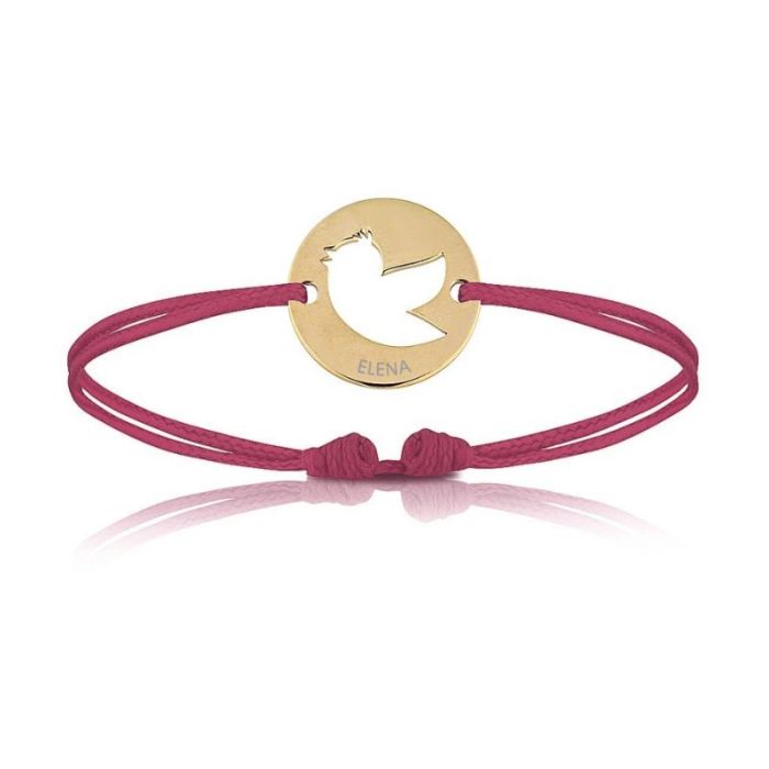bracelet oiseau plaqué or, cordon rose