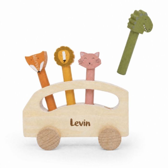 Holzbus mit Pop-up-Tieren