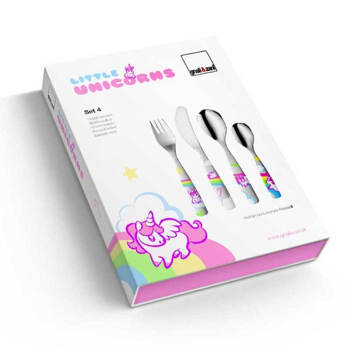 Kinderbesteck Gnali und Zani, Einhorn, 4 Teile zum Gravieren