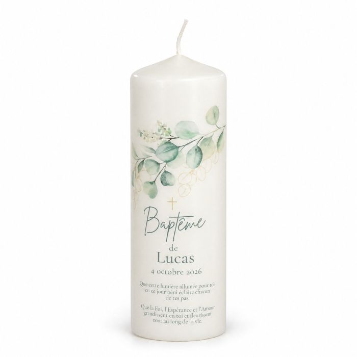 Taufkerze Eukalyptus, personalisierbar