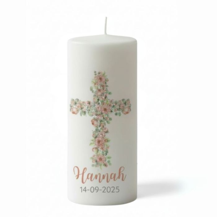 Taufkerze für Mädchen, Kreuz mit Rosen