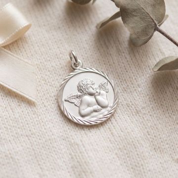Engel-Medaille rund aus Silber 925 mit Diamantrand