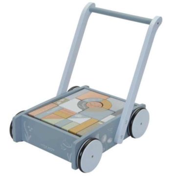 Blauer Lauflernwagen mit Holzklötzen, Little Dutch