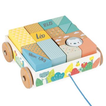 Nachziehwagen mit Holzwürfel Janod, mit Gravur, Geschenkidee Geburt