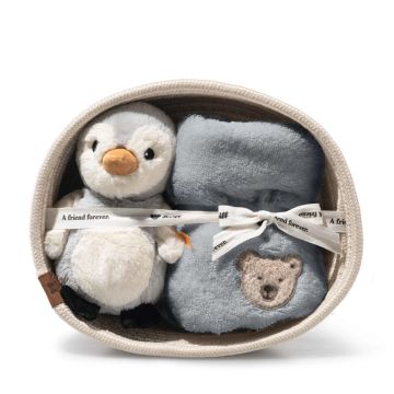 Ein hübsches Baby-Geschenkset der Marke Steiff, bestehend aus einem Kuscheltier und einer Rassel in einem hübschen Korb