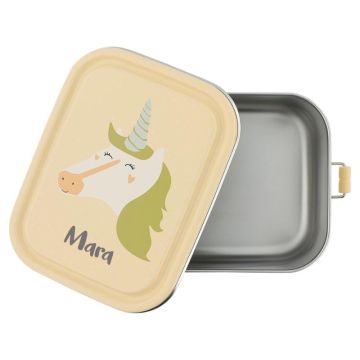 Personalisierbare Znünibox aus Edelstahl mit Einhorn-Motiv von Trixie Baby