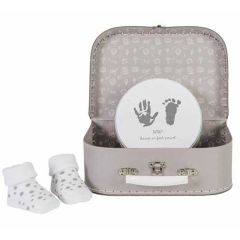Baby Koffer, Fuss und Handabdruckset und Socken, Geschenk Idee für Neugeborene Bambam