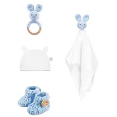 Maylily Baby Geburtsset, Geschenkbox Holz, Häkelnadel blau