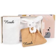 Geburtsset Doudou & Compagnie, Decke und personalisiertes Doudou, beige und weiß