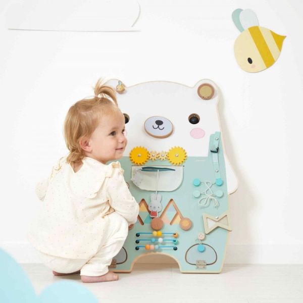 Busy board Bär aus Holz (Janod), Aktivitätsbrett zur Förderung der Feinmotorik