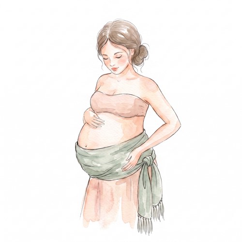 Rebozo als Stützgürtel unter dem Bauch in der Schwangerschaft geknotet